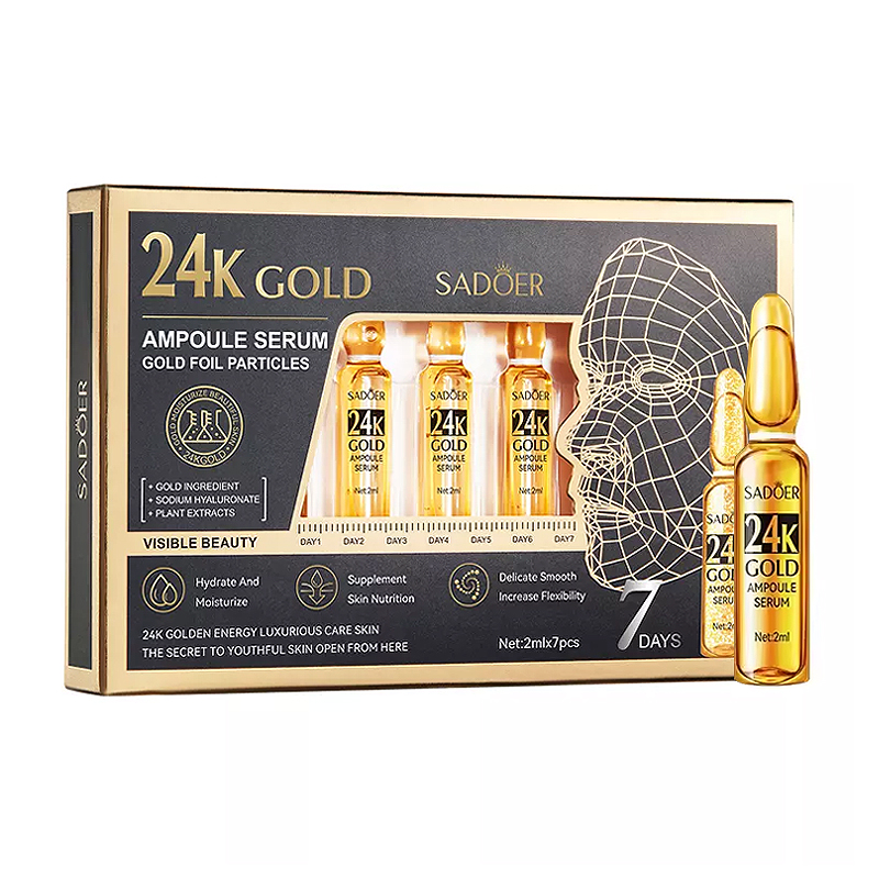Ампульна есенція для обличчя Sadoer 24k Gold з часточками золота та гіалуроновою кислотою, 7*2 мл
